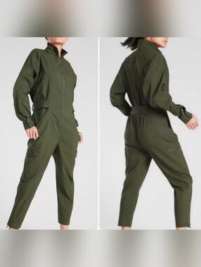Athleta Lenox Jumpsuit Tuscan Olive Zip Front One-Piece- Womems Size 12- EUC